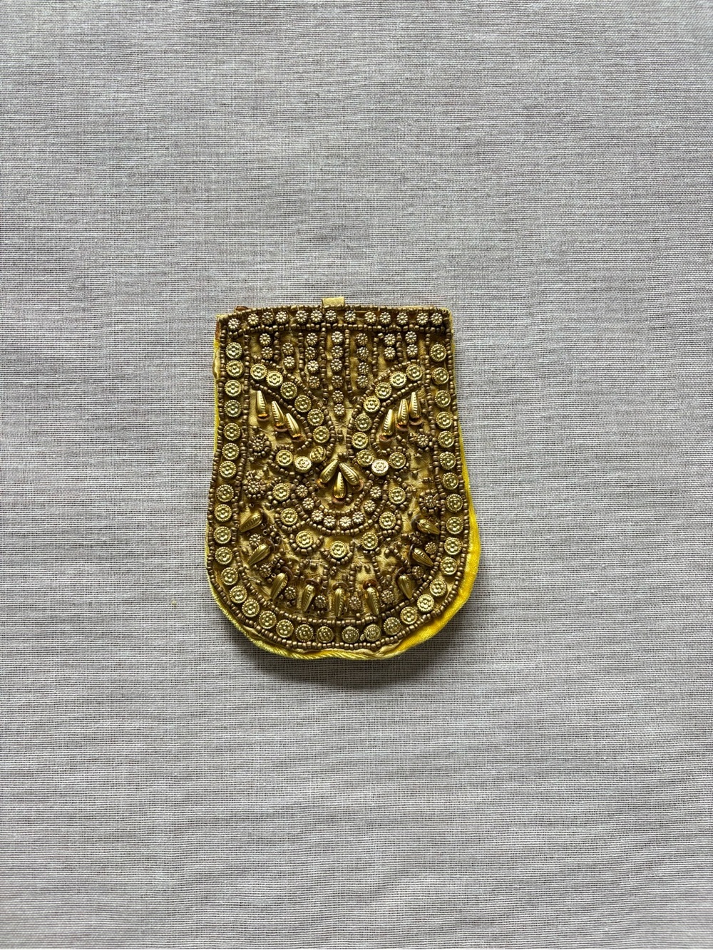 Vintage gold yellow beaded Gatsby velvet bejeweled whimsical pouch.